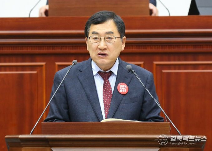 주낙영 시장이 28일 시의회 본회의장에서 열린 제287회 제2차 정례회에서 시정연설을 하고 있다.