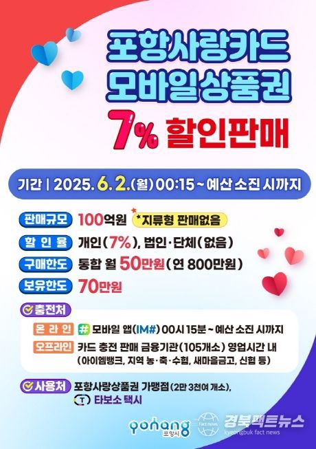 포항사랑카드 내달 2일부터 7% 할인판매
